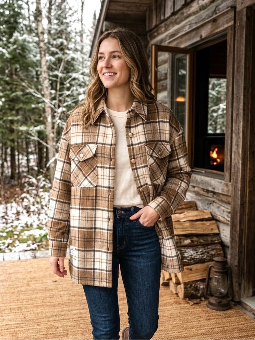 inman Plaid Cotton Shacket in Brown & Cream Medium Like New